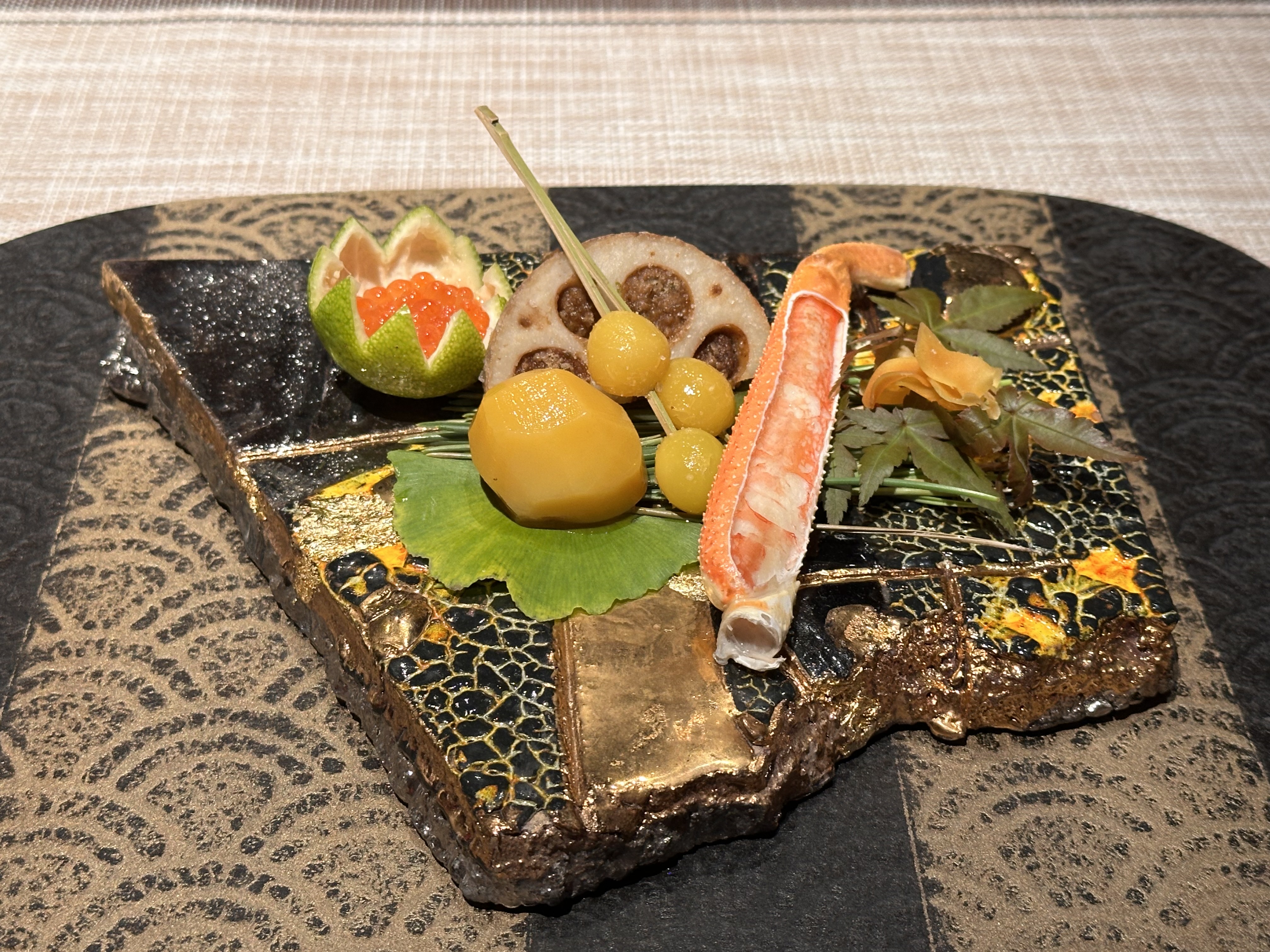 フカヒレ春巻き,銀杏豆腐 鴨だしあんかけ,かわはぎ肝和え,ぎんなん串,安納芋,栗チップス